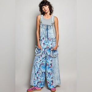 PB5 POL Light Blue Denim Floral Overalls